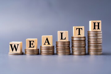 Wealth Concept - Wooden Blocks Spelling "Wealth" on Stacked Coins