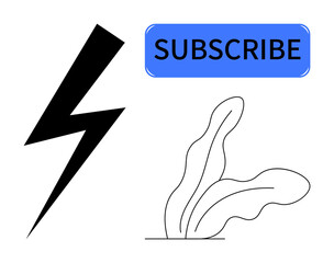 Fototapeta premium Lightning bolt, Subscribe in blue box, minimal plant line art. Ideal for newsletters, energy, call-to-action, minimalism, communication, digital marketing eco-concepts simple flat metaphor