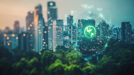 Futuristic green city skyline with glowing eco technology symbol