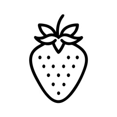A simple line drawing of a strawberry with leaves and seeds in black and white outline design style