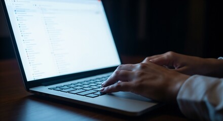 A woman's hands typing on a laptop keyboard in a dark room, illuminated by the screen's light.