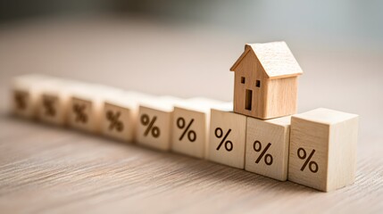 Wooden blocks arranged in a row with percentage signs on them, with a miniature wooden house on top, symbolizing real estate interest rates.
