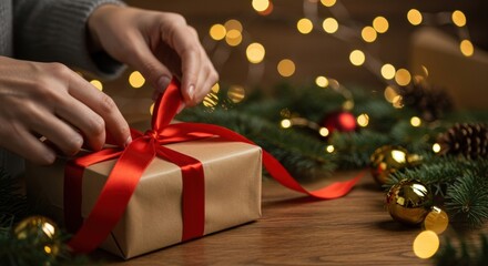 Hands Tying Red Ribbon Around Gift Box with Christmas Decorations and Bokeh Lights