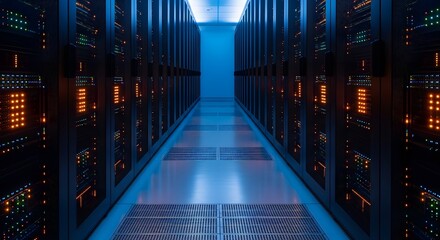 Data center hallway illuminated with blue lights. Rows of computer server racks with flashing lights line each side of the aisle.