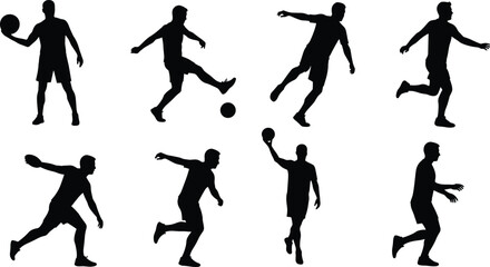 Silhouettes of basketball players in action, dribbling, shooting, passing, and running, black figures on white background, sports concept