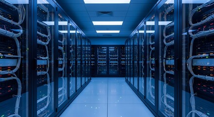 A cool-toned server room filled with rows of servers and cables, illuminated by overhead lighting creates a technologically advanced atmosphere.