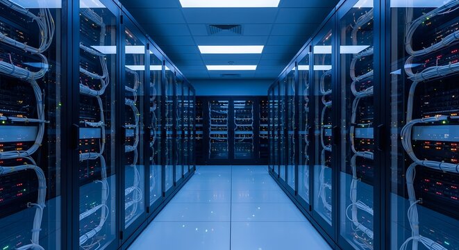 A cool-toned server room filled with rows of servers and cables, illuminated by overhead lighting creates a technologically advanced atmosphere.