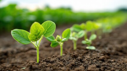 Young soybean plants emerge from dark soil, stretching towards the sun in a green field. This spring scene captures nature's renewal and agricultural growth.