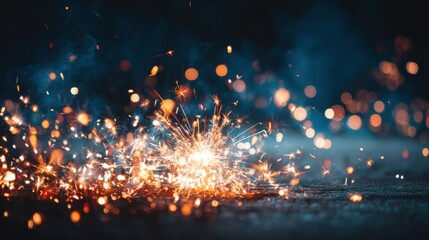 Bright sparks are flying on a dark surface, creating a magical atmosphere during an outdoor night celebration filled with excitement and joy, inviting onlookers to enjoy the moment.