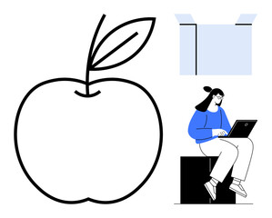 Large outlined apple next to a woman using a laptop on a block seat and abstract room illustration. Ideal for technology, productivity, wellness, education, design, modern lifestyle, visual metaphor