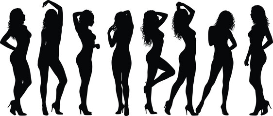 Women silhouette collection, female model poses, high heels fashion, elegant women standing, body posture diversity, stylish female outlines, beauty and grace