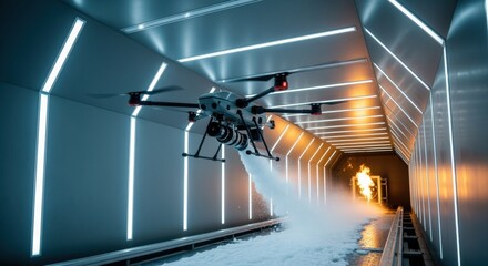 Aerial firefighting drone navigating through a specialized tunnel to deliver firesuppressing foam during a live test scenario.