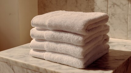 Soft white cotton towels stacked on marble surface