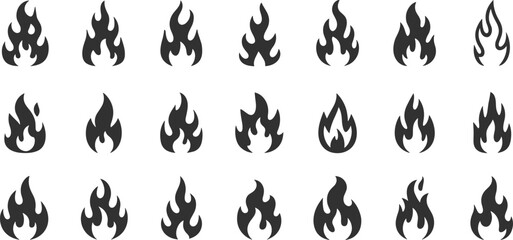 Black Flame Icons Set, Fire Symbol Silhouettes, Stylized Flame Vectors, Heat Illustration, Burning Shapes, Energy Design Elements