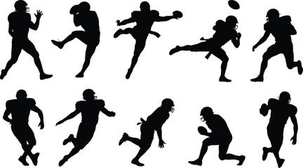 American football player silhouettes, NFL athlete poses, black vector icons, quarterback throw, running back, kicker, football action figures