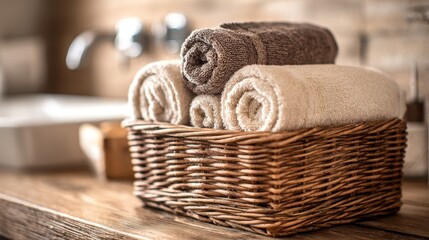 Obraz premium Rolled hand towels in wicker basket. Rustic bathroom decor style