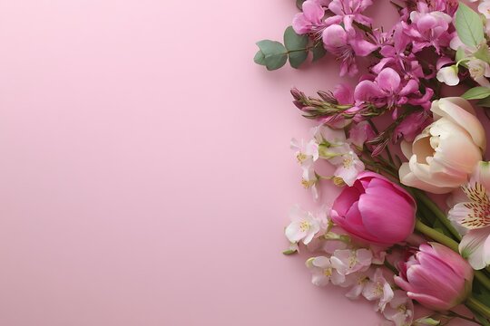 Springtime floral composition on pink background for cards
