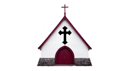 Quaint church building featuring striking black cross on its white facade, complemented by maroon roof and stone base, evokes sense of peace and spirituality