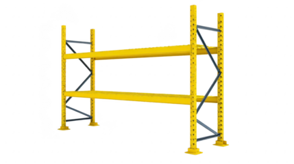 Industrial shelving unit designed for storage and organization, featuring sturdy yellow frame with gray supports. Ideal for warehouses and commercial spaces, this shelving provides efficient space