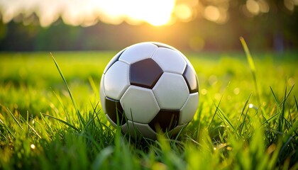 Soccer ball on grassy field at sunset
