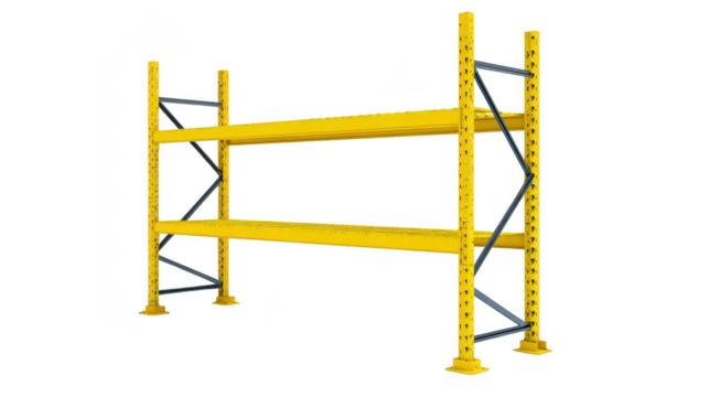 Industrial shelving unit designed for storage and organization, featuring sturdy yellow frame with gray supports. Ideal for warehouses and commercial spaces, this shelving provides efficient space