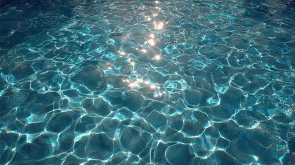 Sunlight reflects off the surface of a clear swimming pool, creating a shimmering effect. The water appears inviting and cool on a bright summer day, perfect for relaxation and fun.