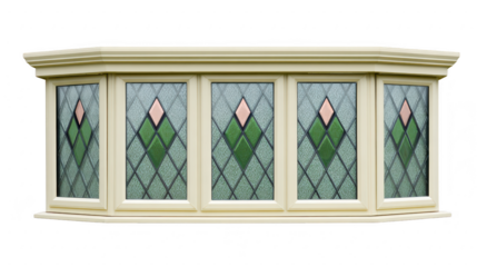 Elegant bay window featuring decorative stained glass panels with green and pink diamond patterns, framed in light colored finish, perfect for enhancing any architectural design