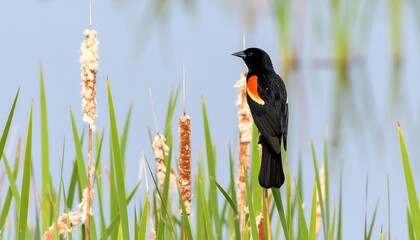 Red winged blackbird on reeds