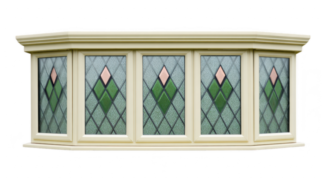 Elegant bay window featuring decorative stained glass panels with green and pink diamond patterns, framed in light colored finish, perfect for enhancing any architectural design