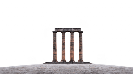Ancient temple ruins with four tall columns stand prominently against stark background, showcasing classical architecture and historical significance. structure evokes sense of timelessness
