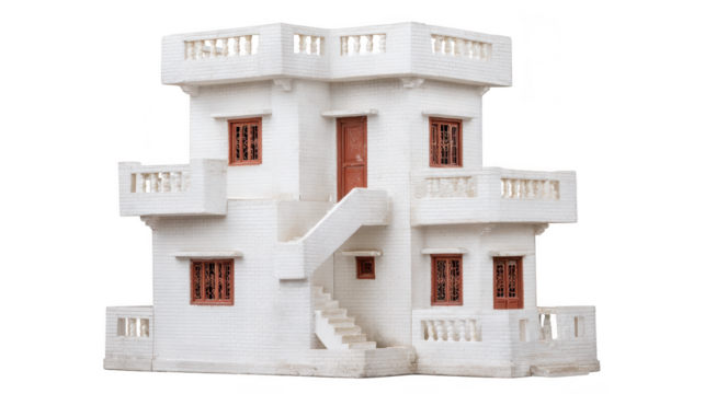 Detailed model of white, multi story house featuring unique architectural design. structure includes multiple balconies, staircase, and wooden doors, creating inviting appearance