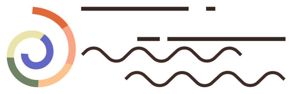 Spiral shape in warm tones with parallel lines and wave patterns. Ideal for innovation, balance, creativity, flow, design thinking, communication, and organization. A simple flat metaphor