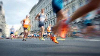 Numerous runners are racing along the city streets under a cloudy sky. The event features diverse participants wearing bright athletic gear, showcasing a lively competition atmosphere.