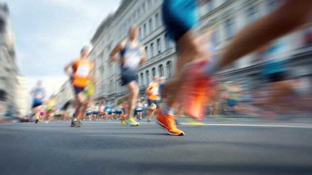 Numerous runners are racing along the city streets under a cloudy sky. The event features diverse participants wearing bright athletic gear, showcasing a lively competition atmosphere. - Powered by Adobe