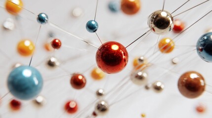 Obraz premium Vibrant spheres representing atoms connected by fine strands depict a molecular structure. This artistic portrayal highlights the intricate relationships between elements in a scientific setting.