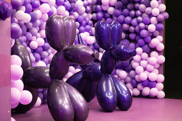 Purple Balloon Dog Sculptures with Balloon Wall