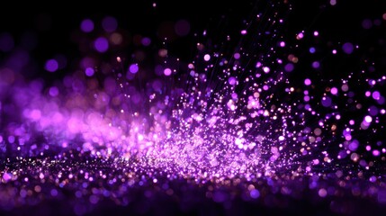 Vibrant purple dust particles scatter across a dark surface, creating a mesmerizing effect. The scene captures movement and energy, enhancing the visual appeal with shimmering light.