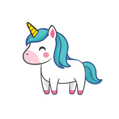 A cheerful unicorn standing and smiling with a joyful expression 