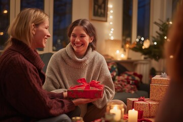 Two friends share laughter and gifts during a cozy celebration surrounded by festive decorations and soft lighting