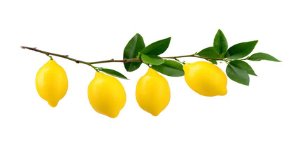 Fresh lemons hanging on branch with vibrant green leaves create bright and cheerful display, perfect for adding splash of color to any design or culinary project