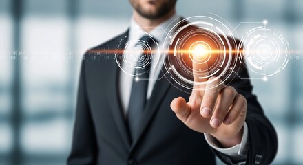 Businessman interacting with futuristic digital interface, innovation and technology concept