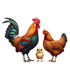 Fototapeta premium A majestic rooster hen and chick family isolated on transparent background