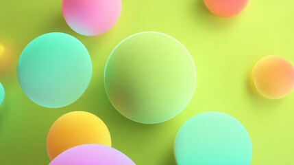 Translucent spheres in shades of pink, blue, and yellow float across a vivid green surface, forming a cheerful and modern abstract composition that invites curiosity.