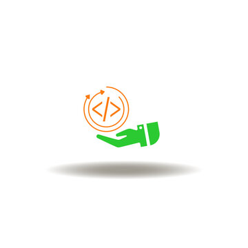 Vector illustration of hand hold code sign with round arrows. Symbol of prompt. Icon of coding.
