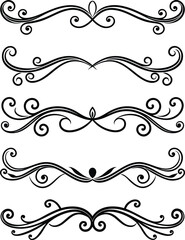 Collection of five elegant black decorative flourishes isolated on white background new 2025 trendy graphics ornament elements design