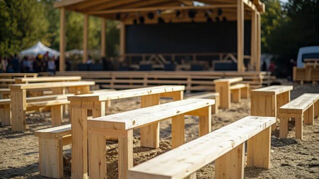 A row of wooden benches sitting side by side, perfect for outdoor gatherings or events
