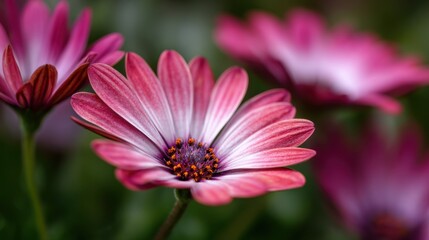 Obraz premium Vibrant pink flowers are prominently featured in a lush garden. The petals display a gradient of shades, attracting attention and enhancing the natural beauty of the surroundings.