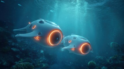 Fototapeta premium Two advanced underwater drones glide through clear blue waters, showcasing their sleek design as they navigate around colorful coral reefs during midday.