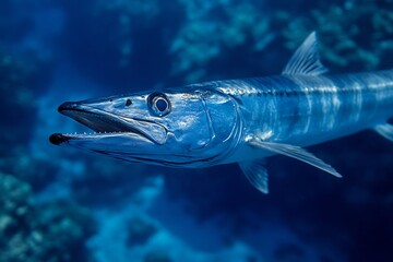 Fototapeta premium Exploring the depths: a close up shot of a barracuda in its natural habitat deep beneath the ocean surface