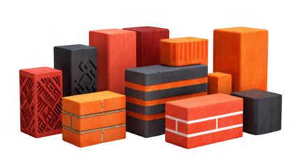 Building materials construction bricks red orange textured solid durable architecture design masonry construction site industrial stacked variety shapes patterns modern traditional craftsmanship